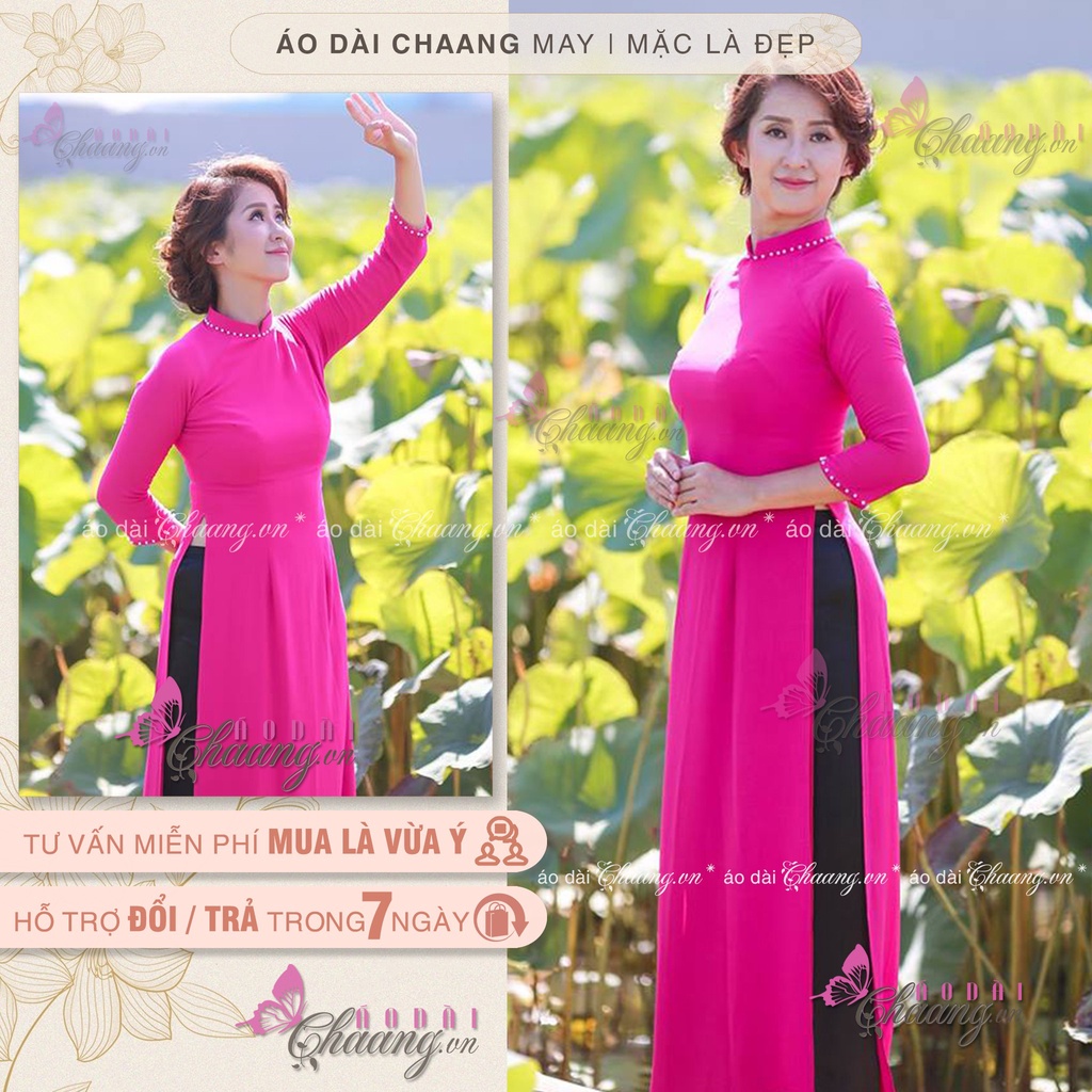 Áo dài 4 tà hồng sen đỏ_Chaang_May sẵn áo truyền thống đính đá ngọc, vải lụa đẹp