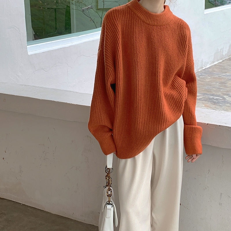 Áo sweater cổ tròn dáng rộng màu trơn mềm mại phong cách Hàn Quốc cho nữ
