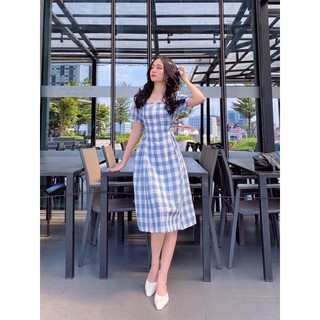 Đầm váy freesize caro cổ vuông đan dây eo
