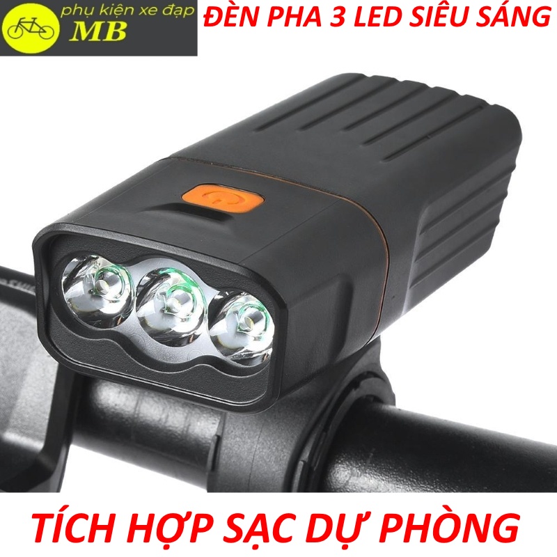 Đèn xe đạp siêu sáng 3 mắt độ sáng 1000lumen cao cấp sạc usb chống nước tích hợp sạc dự phòng