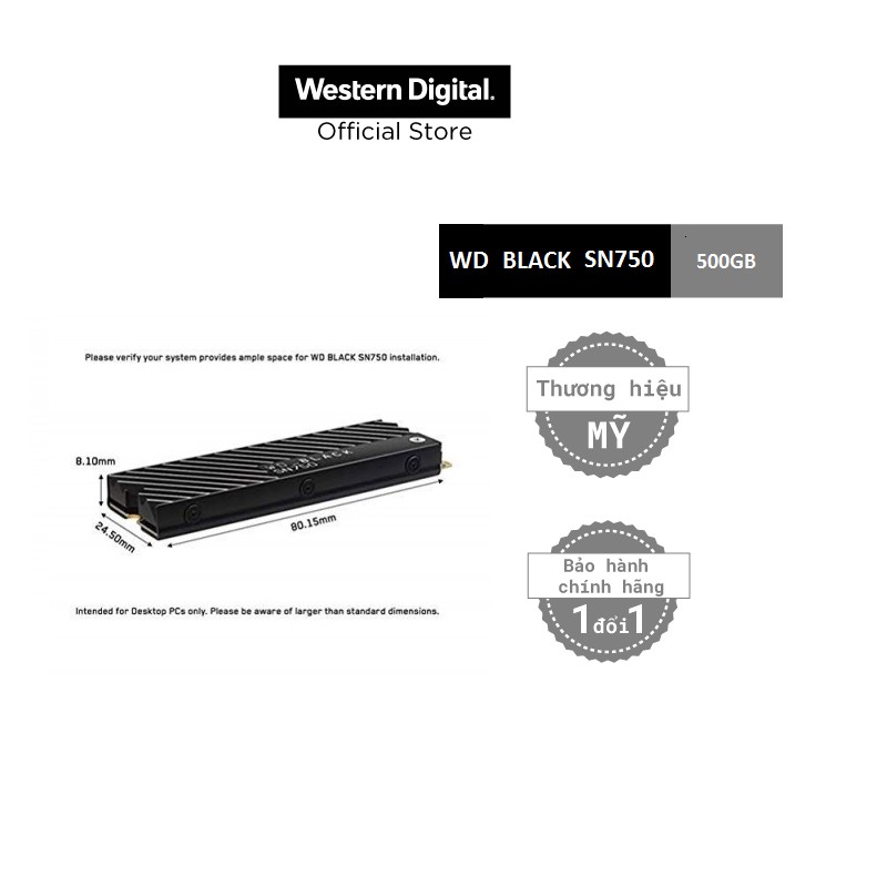 Ổ cứng gắn trong WD Black SN750 500GB NVMe Internal Gaming SSD with Heatsink - Gen3 PCIe, M.2 2280, 3D NAND