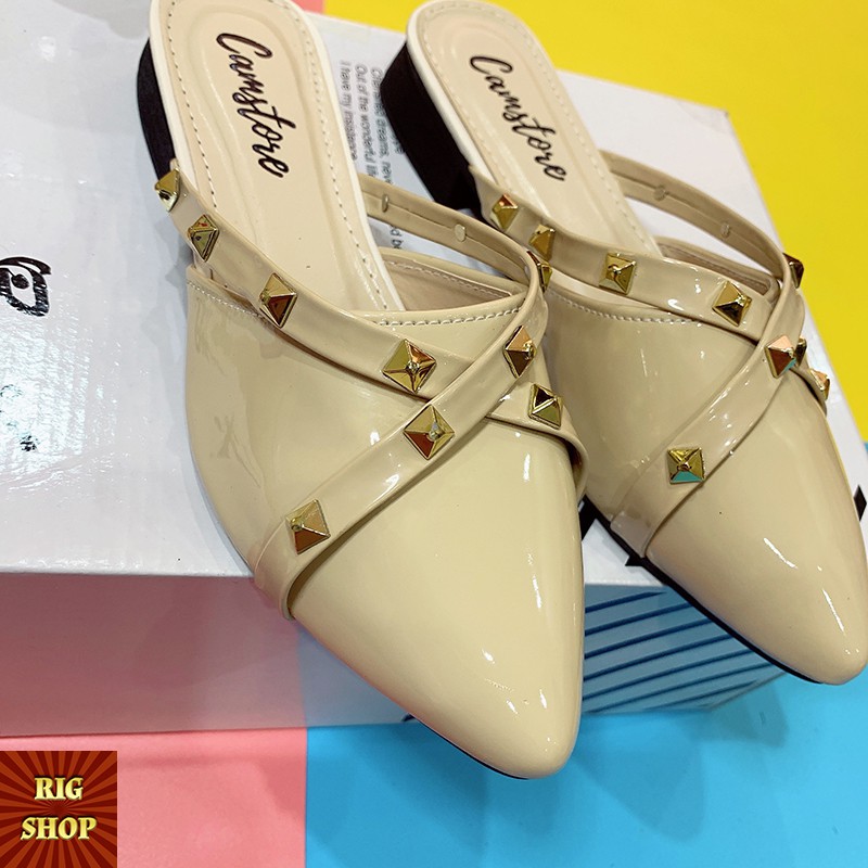 [XẢ KHO] GIÀY SỤC DA TRƠN RIGSHOP MŨI NHỌN 2 QUAI CHÉO GẮN ĐINH - A9