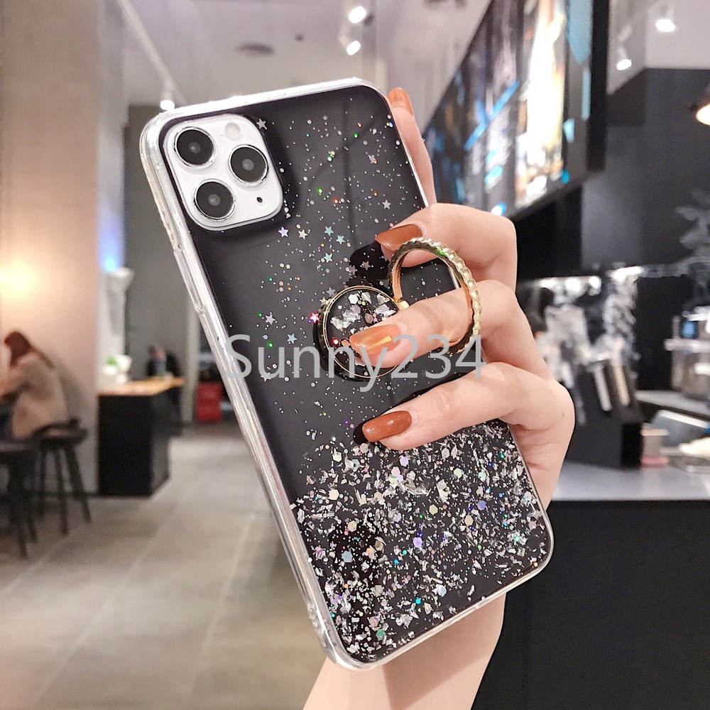 Ốp điện thoại dẻo có kim tuyến và nhẫn đeo ngón tay cho Realme Narzo 30A C21 C25 7i C17 C12 C15 C11