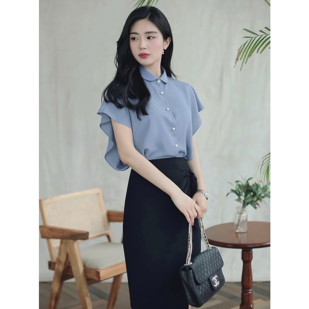 Set sơ mi cộc tay canh dơi chất vải lụa sịn cao cấp -  A34