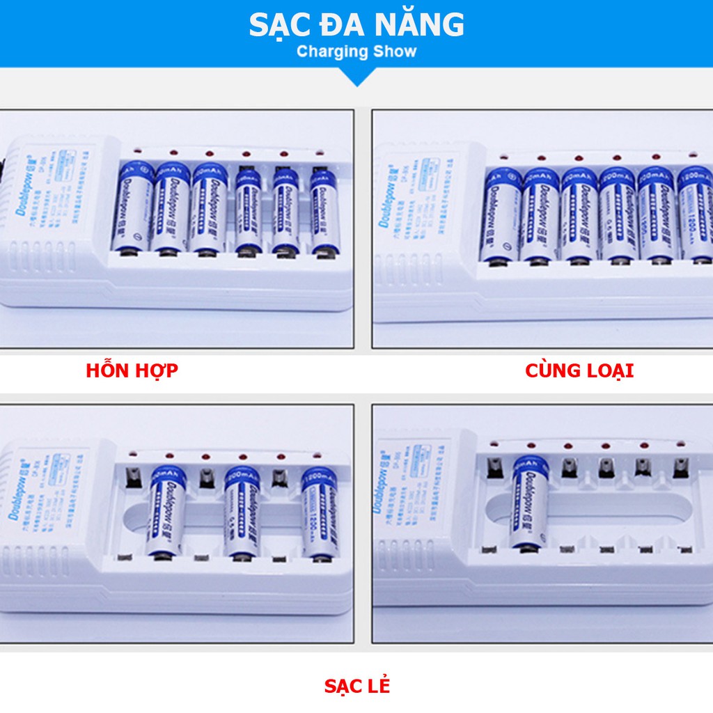 Combo Sạc pin 6 cổng, sạc AA, AAA DP-B06 - DoublePow + tặng kèm 06 viên pin AA 1200mah, AAA 900mah cùng hãng