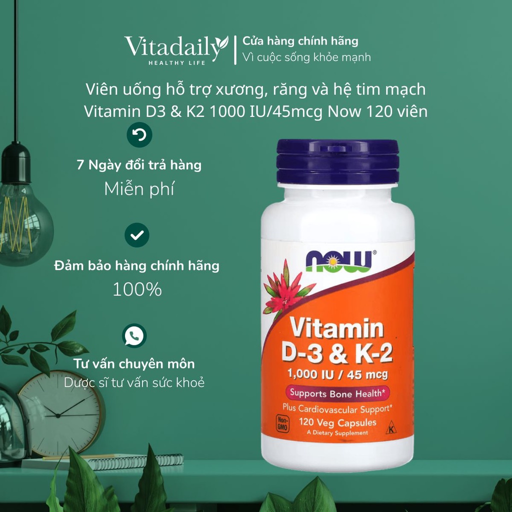 Viên Uống Tăng Sức Đề Kháng, Săn Chắc Xương Vitamin D3 + K2 120 Viên NOW của Mỹ