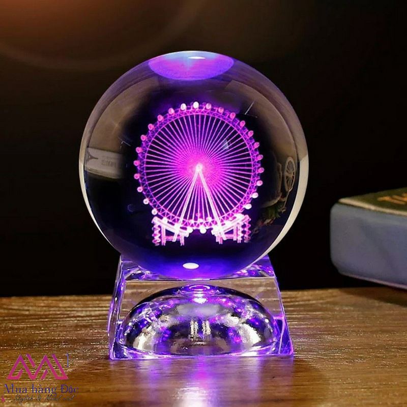 Quà tặng pha Lê Quả cầu vòng quay khắc 3D đèn led phát sáng 6cm (tặng đế đèn + hộp quà)