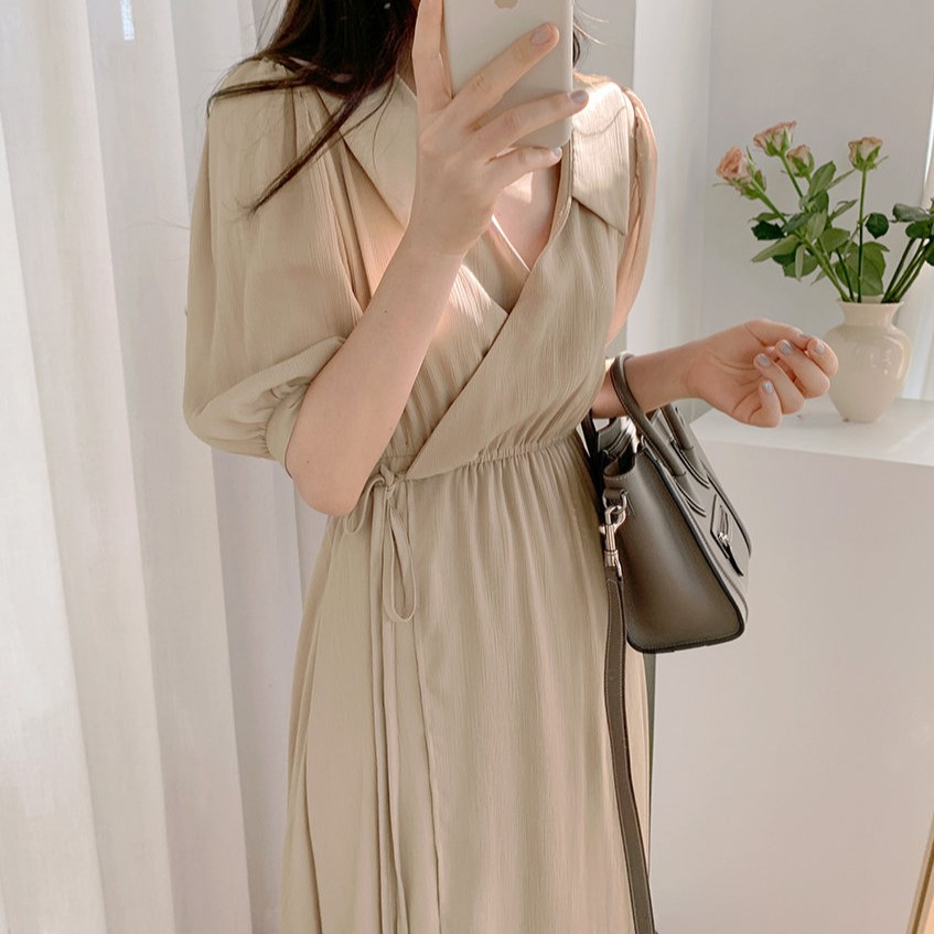 Đầm maxi tay phồng cổ chữ V trơn màu xinh xắn dành cho nữ 35177