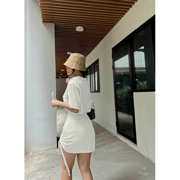 SET ÁO CỔ SƠ MI TÚI NẮP KÈM CHÂN VÁY RÚT DÂY KTGIMI ( Kèm ảnh thật)