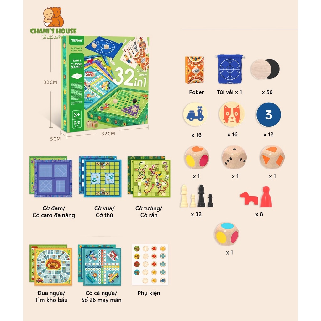 BOARD GAME 32 IN 1 MIDEER TÍCH HỢP 32 TRÒ CHƠI TƯƠNG TÁC KINH ĐIỂN
