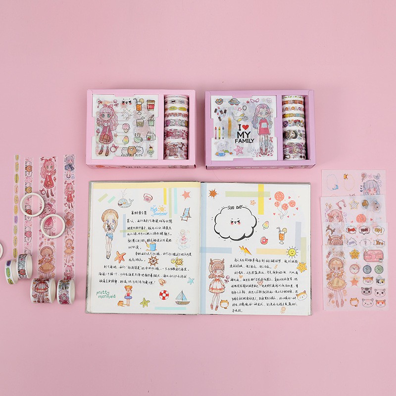 Hộp Sticker &amp; Washi dán nhiều chi tiết (9 Sticker &amp; 8 Washi tap)
