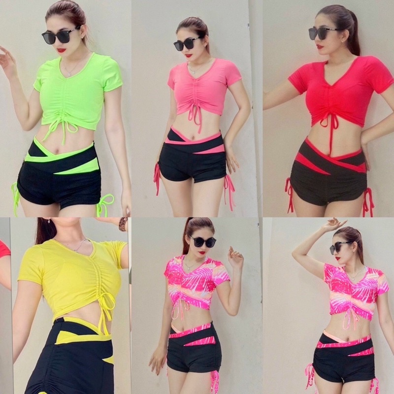 Set bộ đồ tập áo croptop quần đùi rút dây cạp V tập gym, nhảy aerobic, zumba,thể dục,đồng phục,nhảy dân vũ nữ