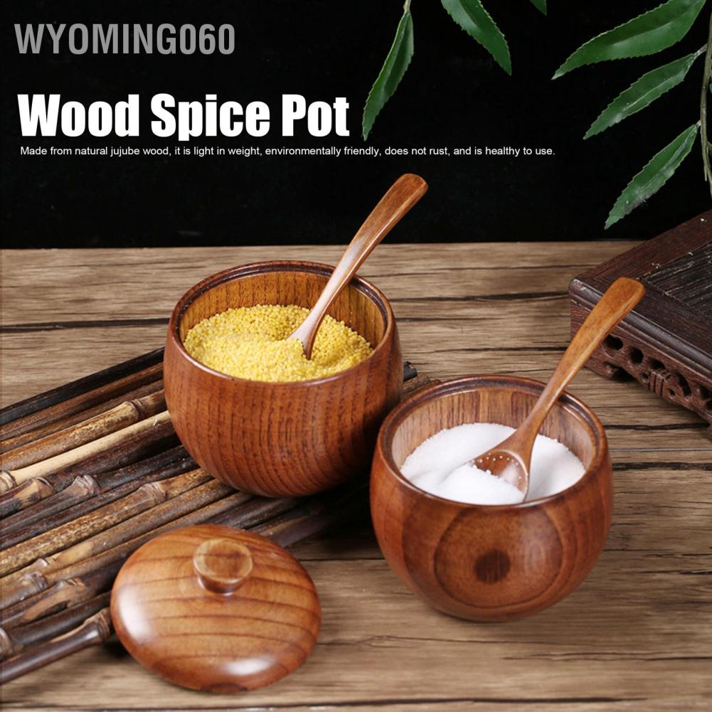 Wyoming060 Wood Spice Pot Sugar Bowl Salt Pepper Seasoning Box with Spoon and Lid Kit