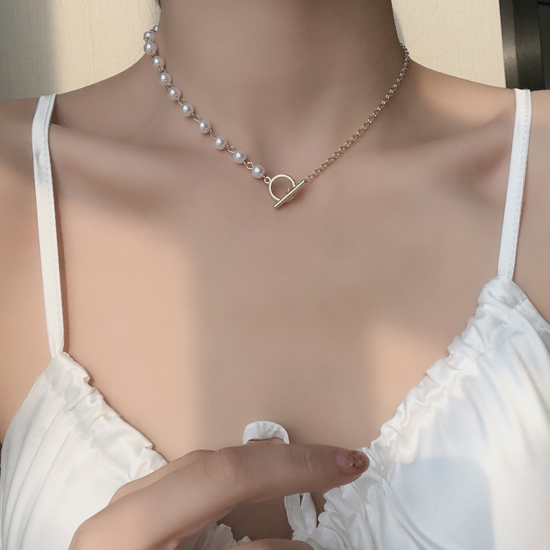 Vòng cổ kim loại ngọc trai giả bất đối xứng cho nữ