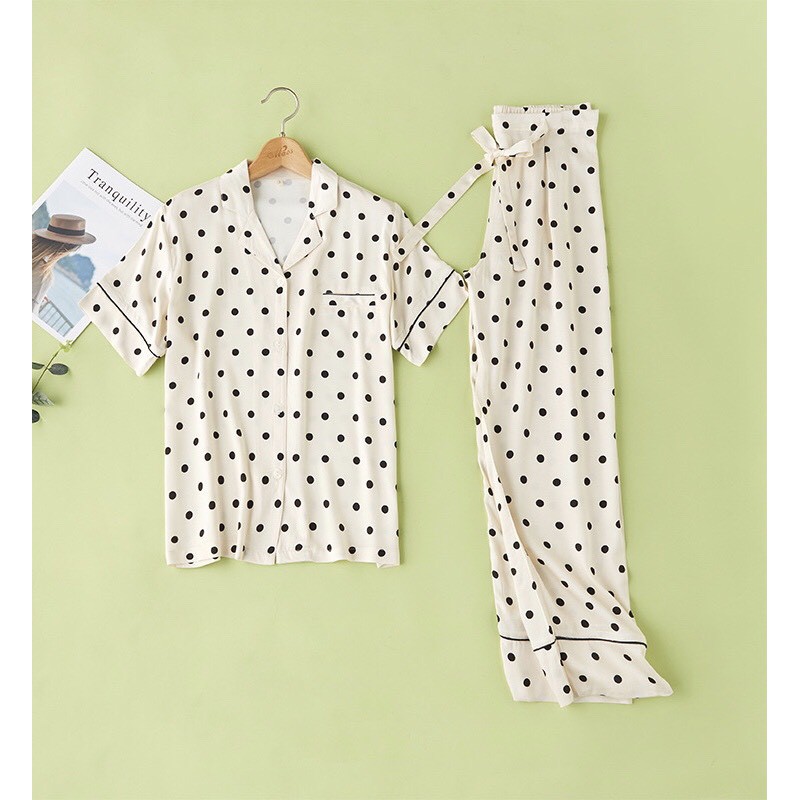 Bộ đồ pyjamas viscose cao cấp họa tiết chấm bi đen (dài tay + ngắn tay)