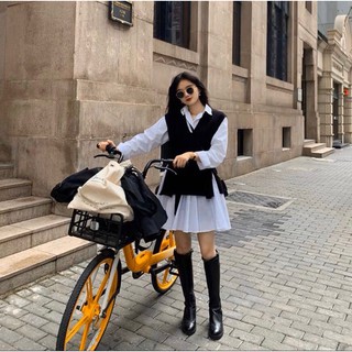 Set Đầm Sơmi Trắng Đuôi Cá + Áo Gile Phối Ngoài Cá Tính🖤