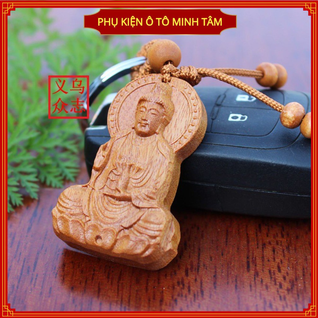 Móc khóa gỗ treo chùm chìa khóa khắc Phật bà quan âm cầu bình an