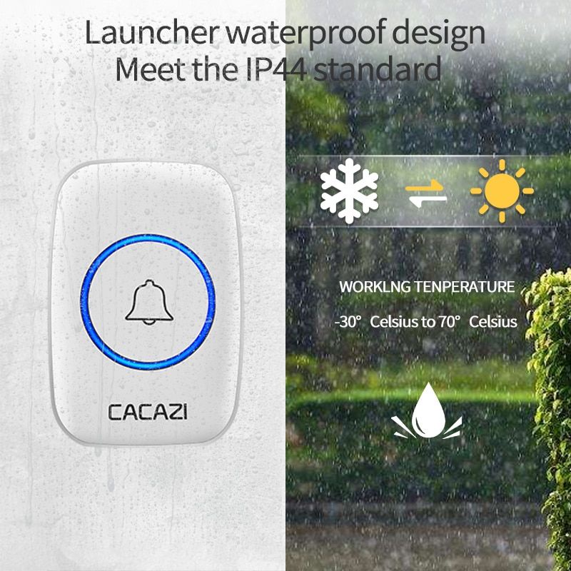 Chuông Cửa Không Dây Màu trắng CACAZI  Cao Cấp, Chuông gọi người nhà chống nước bắt tín hiệu khoảng cách 300m