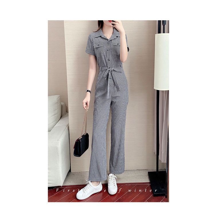 Jumpsuit lưng cao ống suông họa tiết sọc ca rô mẫu 2022 phong cách Hàn Quốc mới thời trang mùa hè dành cho nữ