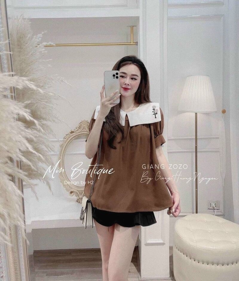 Áo sơ mi cộc tay cổ pha thêu babydoll xinh