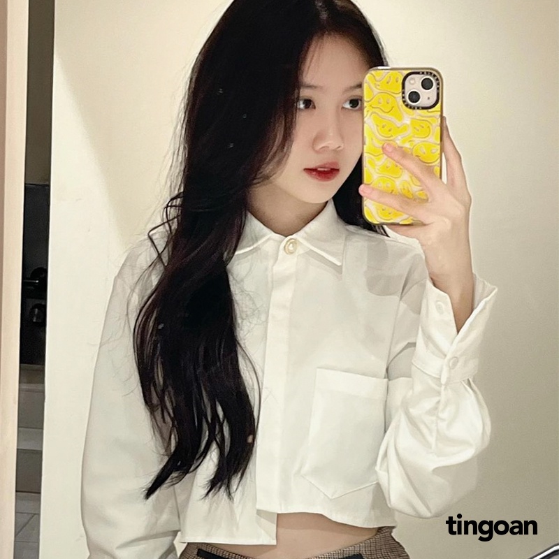 Áo somi crop dài tay cúc ngọc vạt lệch vải chống nhăn trắng tingoan DRUNK IN LOVE SHIRT/WH
