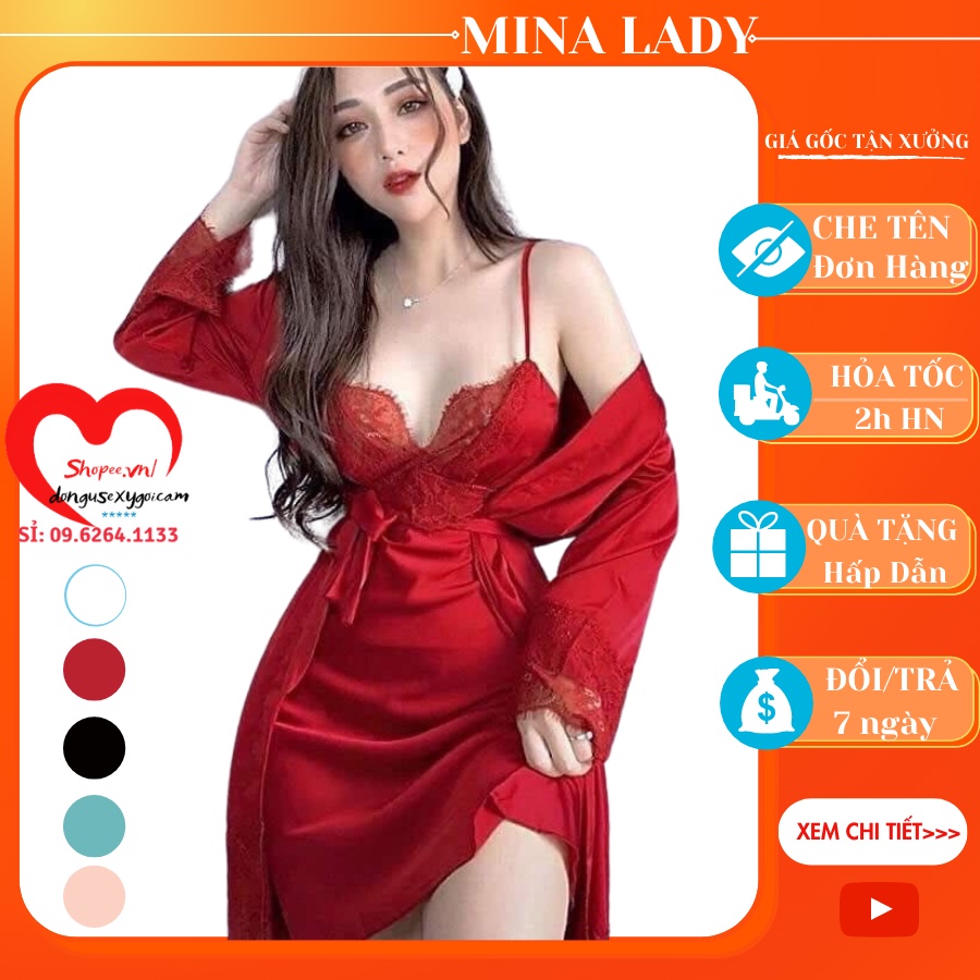 Váy Đầm Ngủ lụa sexy cao cấp 2 dây Satin dáng dài có mút ngực kèm áo choàng