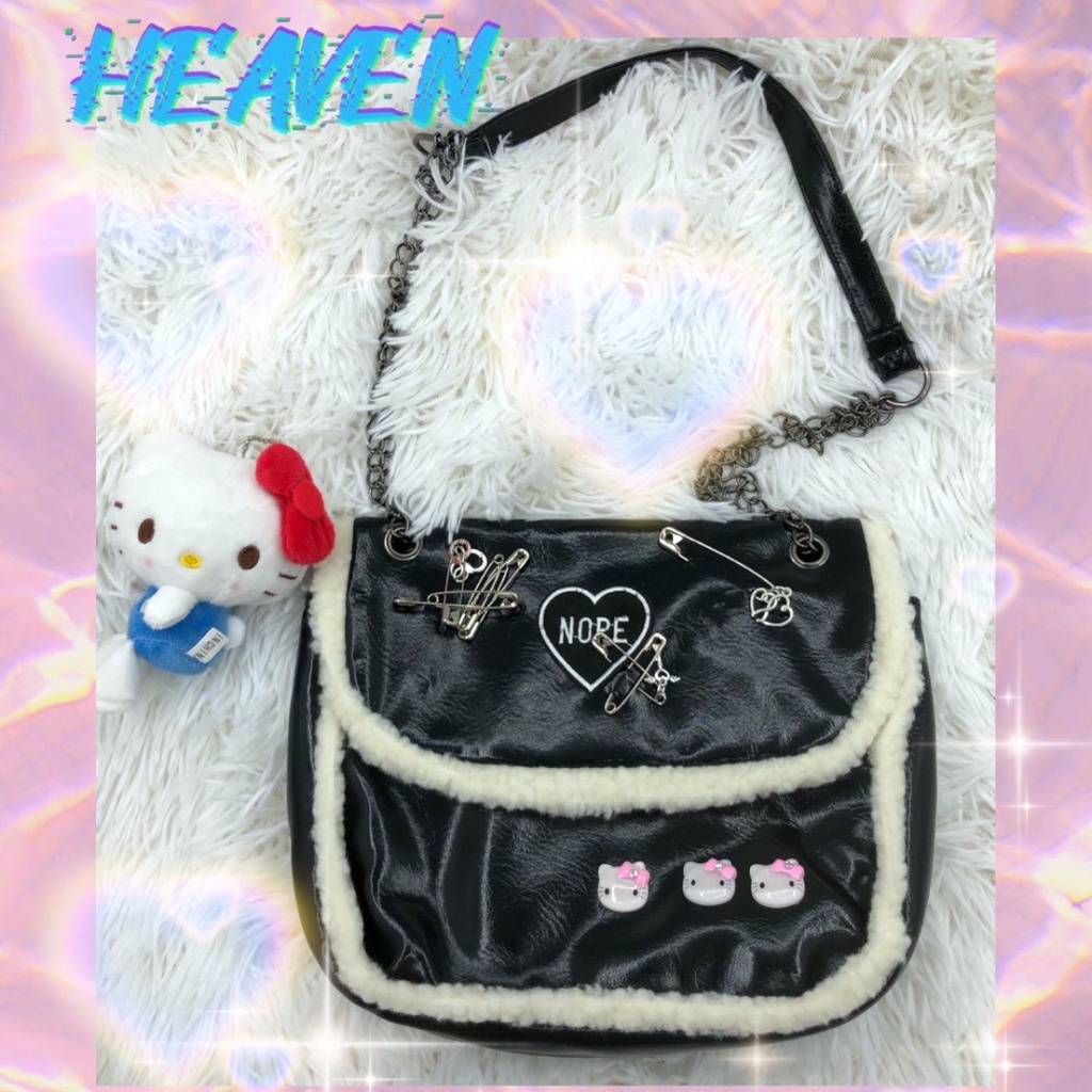Túi Đeo Chéo Vai Hình Vuông Nhỏ Thêu Họa Tiết Trái Tim/Chữ Hello Kitty Y2K Phong Cách Nhật Hàn Thời Trang Thu Đông hello kitty
