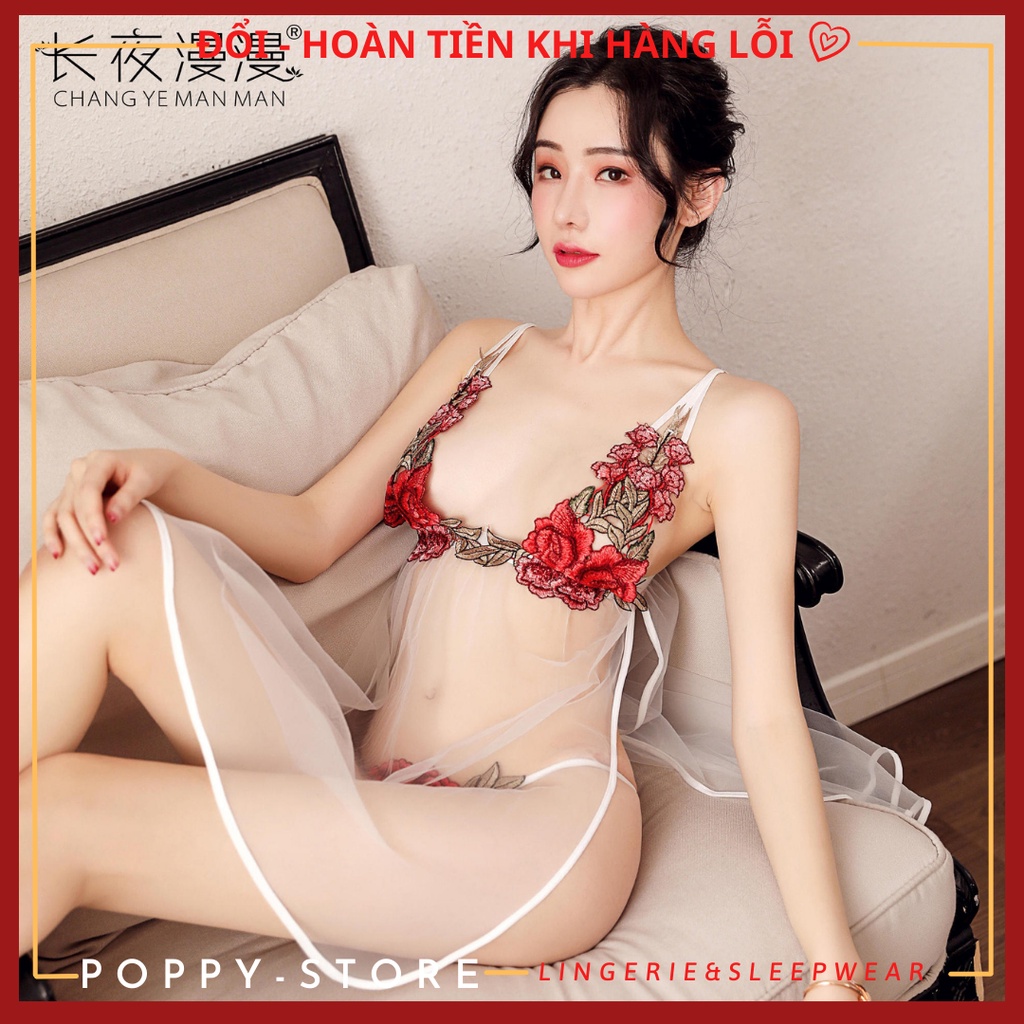 Đầm ngủ sexy ren cao cấp ngực áo phối hoa thêu ngọt ngào và gợi cảm, tặng kèm quần lót , đồ ngủ cosplay yếm tàu sườn xám