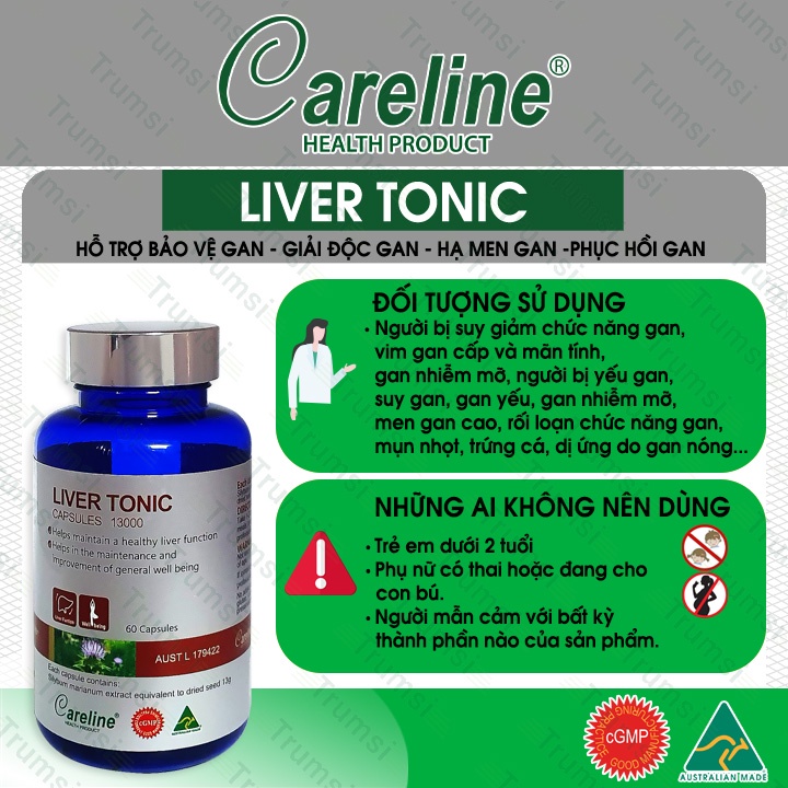 Viên uống bổ gan Careline Liver Tonic hỗ trợ giải độc phục hồi và tăng cường chức năng gan giúp hạ men gan giảm mỡ gan