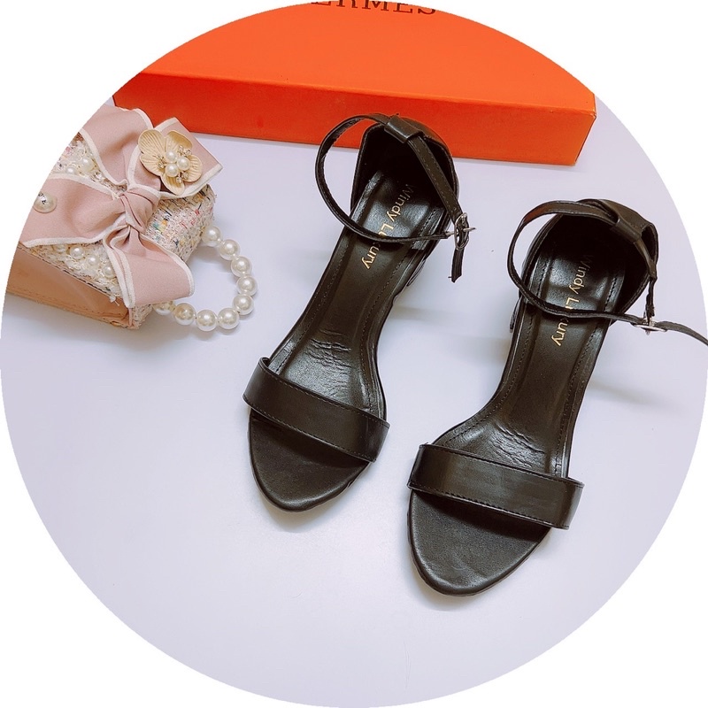 Giày sandal quai ngang da lì gót vuông 5p bít gót mũi tròn hàng đẹp-Ảnh chụp thật