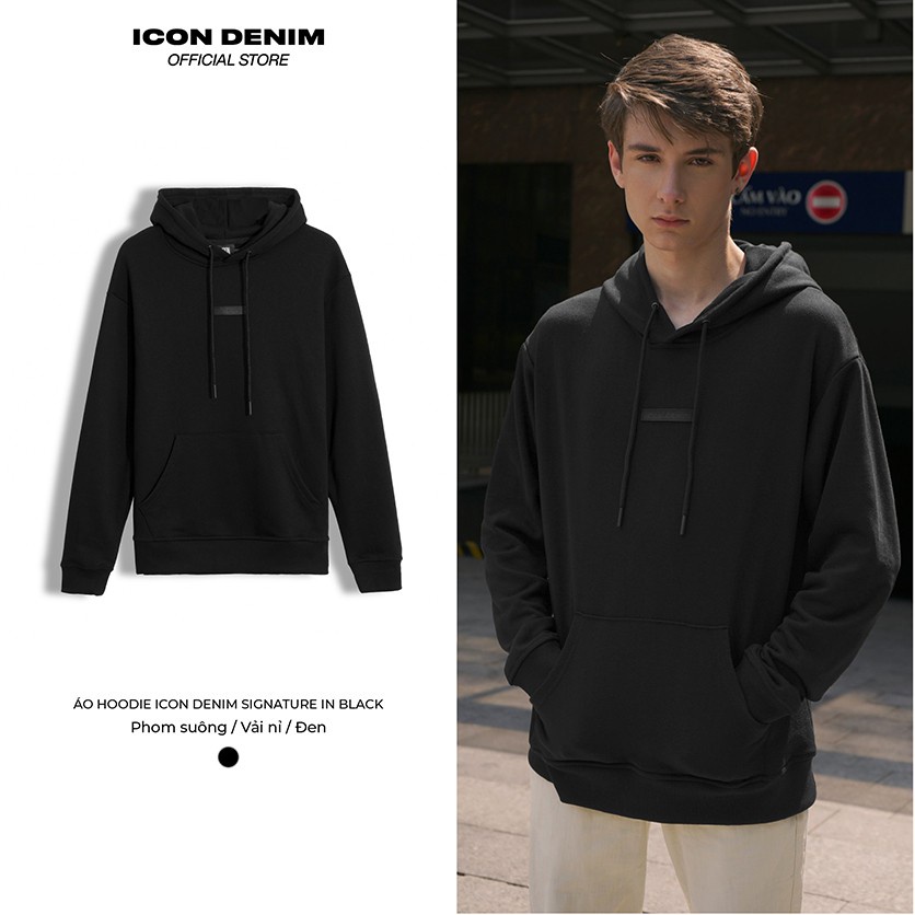 Áo Nỉ Hoodie Có Nón ICON DENIM Unisex Màu Đen Dày Dặn, Có Chữ Ký Thêu Sau Nón HD110049
