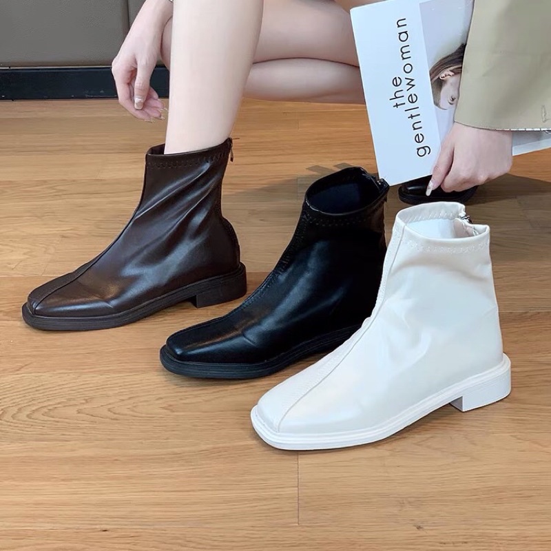 Boots cổ ngắn ulzzang da mềm mũi vuông đế 3cm