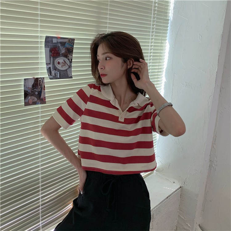 Áo Polo Xiaozhainv Dạng Croptop Ngắn Tay Họa Tiết Sọc Phối Cúc Kiểu Vintage Hàn Quốc Cho Nữ