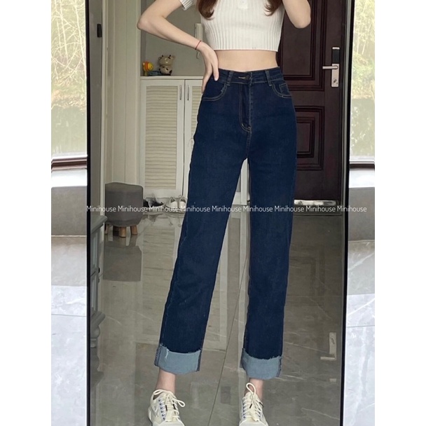 Quần bò gập gấu chất co dãn xanh đậm