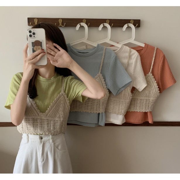 Áo thun nữ kiểu KÈM áo hai dây dệt kim mặc ngoài