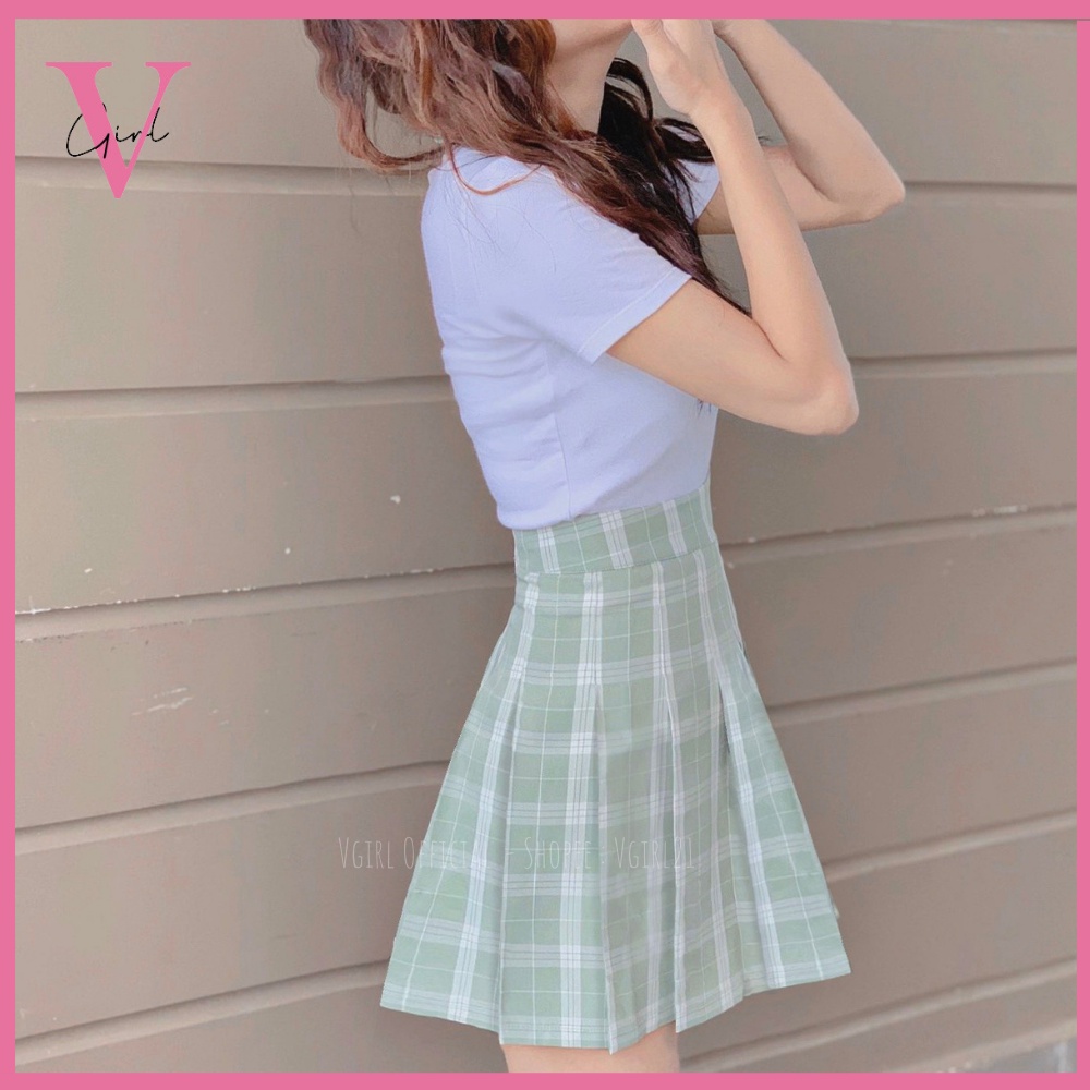 Chân váy xếp ly xoè caro nữ VGIRL lưng cao có nhiều màu dáng chữ A