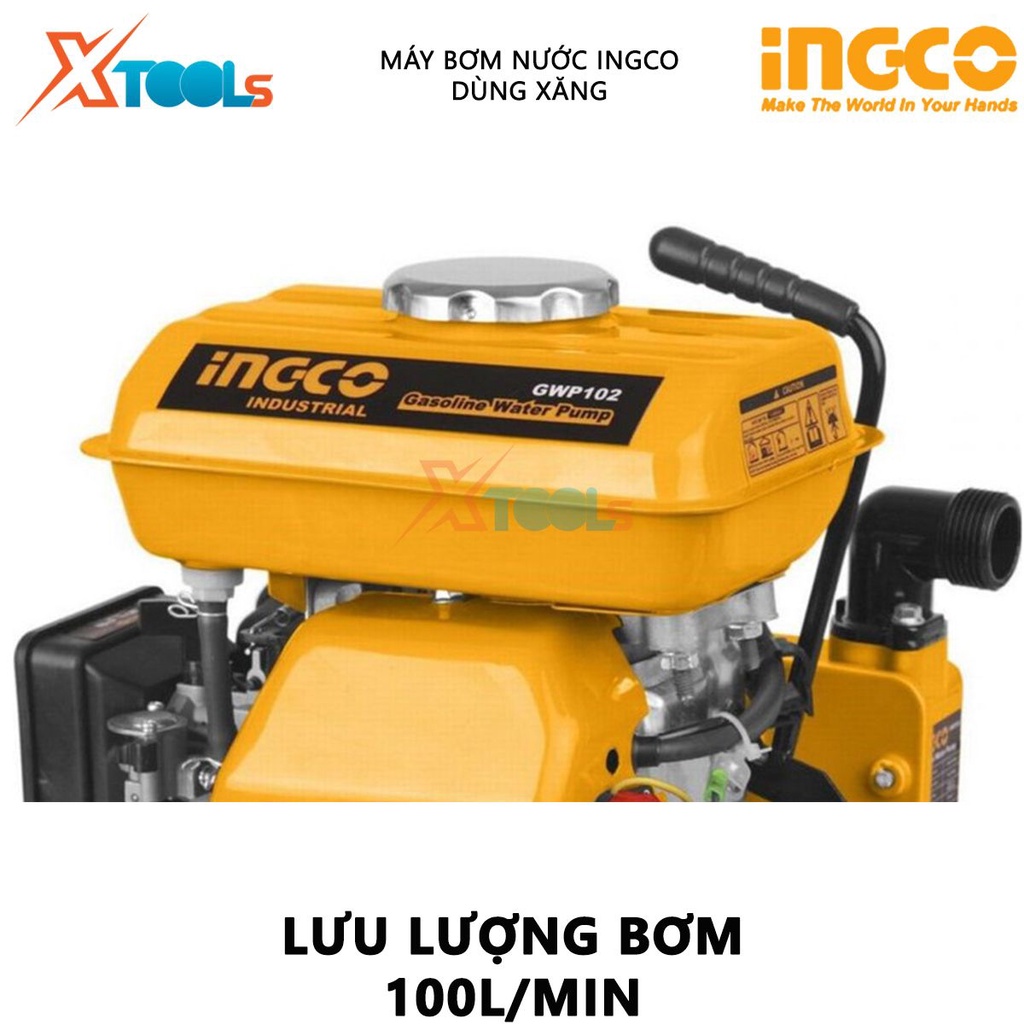 Máy bơm nước dùng xăng INGCO GWP102 | máy bơm nước Chiều cao bơm 16m, Lưu lượng bơm 100L/min, dung tích xilanh 105cc tăn