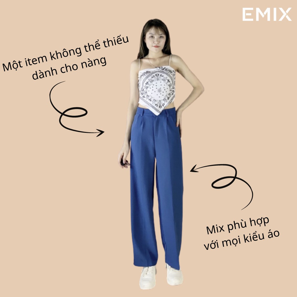Quần suông nữ đi học suông dài EMIX (màu xanh), dáng rộng, dài 100cm, cạp cao, tôn dáng, chất tuyết mưa, mềm mại 3101