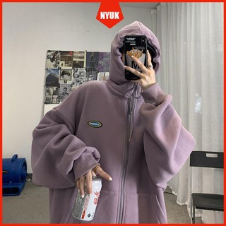 Áo Khoác Hoodie Nhung Dày Dáng Rộng Phối Khóa Kéo Kiểu Hàn Quốc Cá Tính