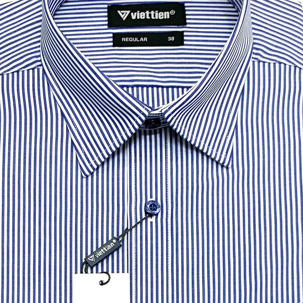 Viettien - Áo sơ mi nam ngắn tay kẻ sọc vạt bầu 1N3719 regular