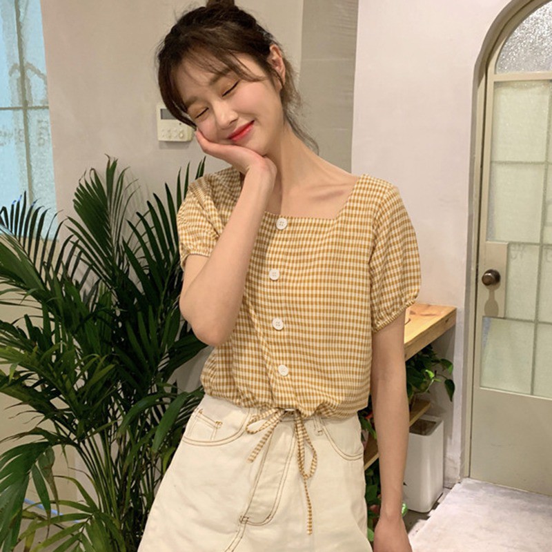 [Baywellfashion]Áo sơ mi tay ngắn họa tiết sọc vuông phong cách Hàn Quốc | BigBuy360 - bigbuy360.vn