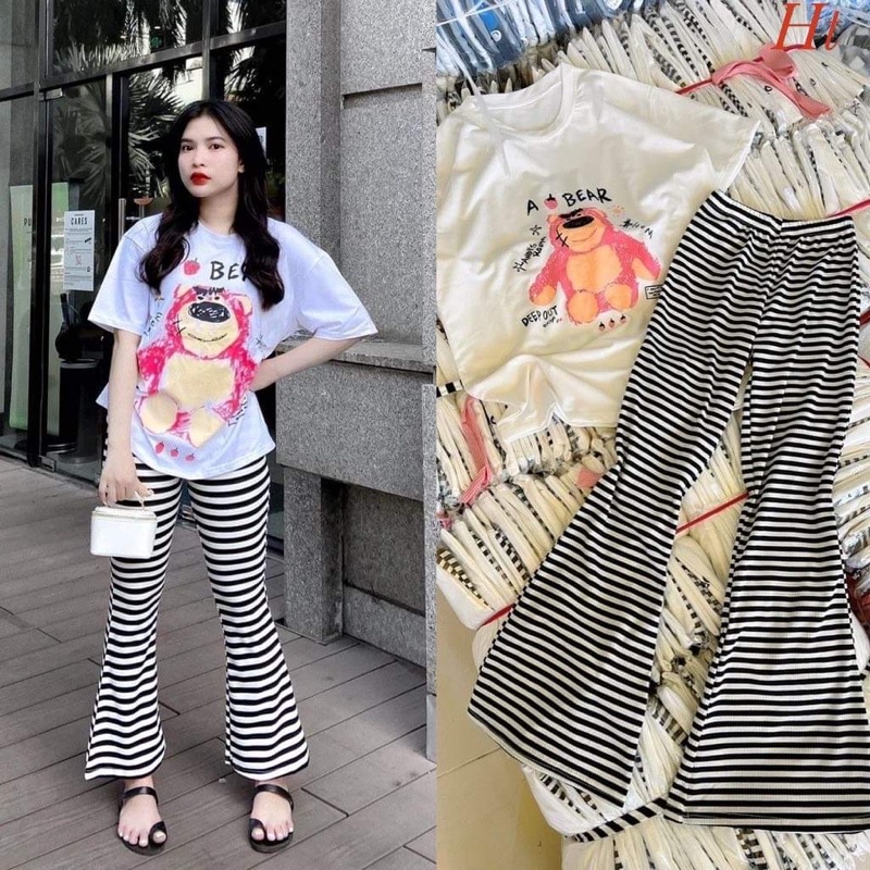 Sét áo gấu dâu hồng+quần loe kẻ HT12