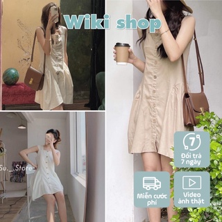 Váy khuy dọc cổ vuông - Váy đầm nữ hai dây cổ vuông phối cục dọc dáng ngắn freesize chất thô mát C362