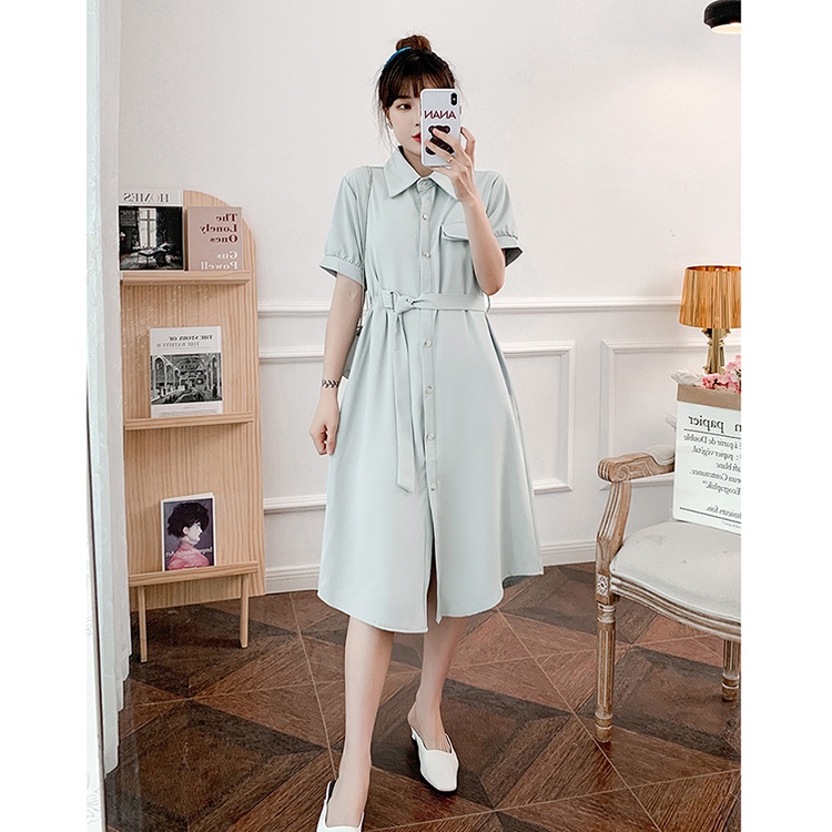 Đầm suông cổ sơ mi đính cúc dọc Váy thắt dây eo ngắn tay công sở kèm túi trước