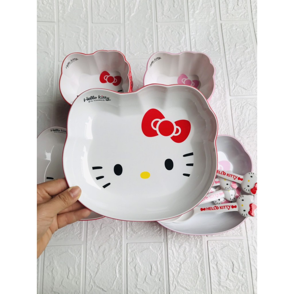 Bát Đĩa Thìa Giả Sứ Hình Mèo Hello Kitty Siêu Đáng yêu Cho Bé Ăn Dặm