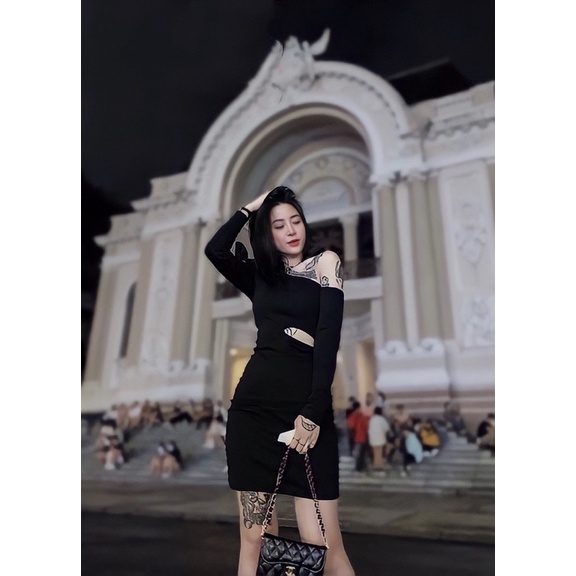 Đầm body kiểu lệch vai tay dài khoét eo sexy quyến rũ , chất thun bozip mềm mịn