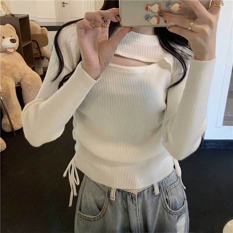 【ZHELIHANGFEI】Áo Sweater Dệt Kim Tay Dài Dáng Ôm Phối Dây Rút Cá Tính