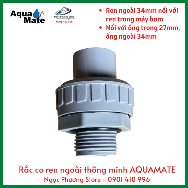 Rắc co nhựa ren ngoài 34mm  cắm ống PVC 27mm AQUAMATE