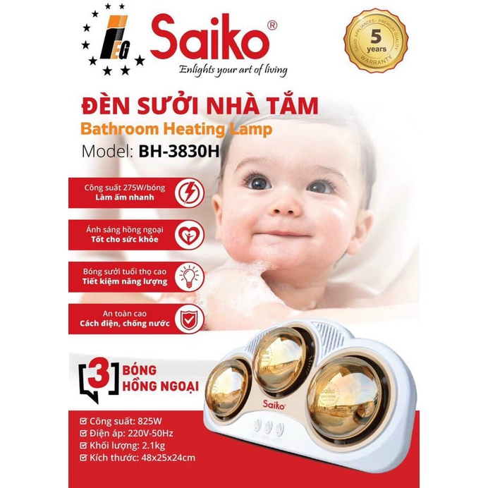 Đèn sưởi nhà tắm Saiko BH-2552H BH-3830H đèn sưởi 2 và 3 bóng vàng bảo hành 5 năm