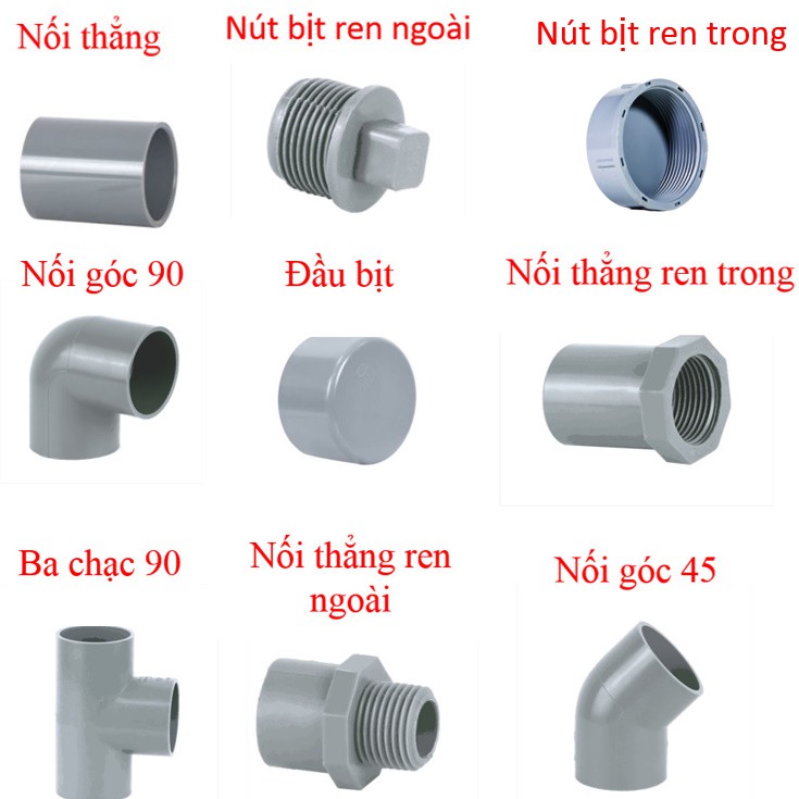 ( Phụ kiện ống nhựa tiền phong phi 27 ) Nối góc, Đầu bịt, Nút bịt, Ba chạc, Nối thẳng